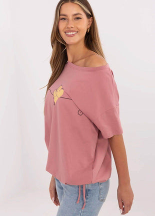 Women's Cotton T-Shirt with Front Print & Side Tie – Casual Fit, Short Sleeves - MimiStylez