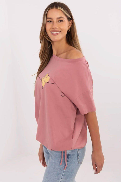 Women's Cotton T-Shirt with Front Print & Side Tie – Casual Fit, Short Sleeves - MimiStylez