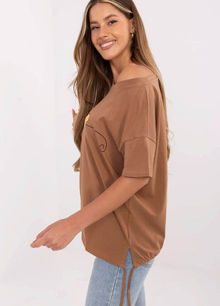 Women's Cotton T-Shirt with Front Print & Side Tie – Casual Fit, Short Sleeves - MimiStylez