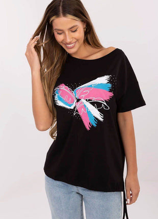 Embellished Cotton T-Shirt with Side Tie – Print, Embroidery & Beads, Casual Fit - MimiStylez