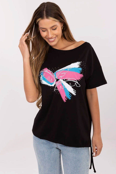 Embellished Cotton T-Shirt with Side Tie – Print, Embroidery & Beads, Casual Fit - MimiStylez