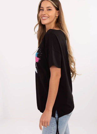 Embellished Cotton T-Shirt with Side Tie – Print, Embroidery & Beads, Casual Fit - MimiStylez