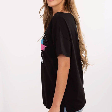 Embellished Cotton T-Shirt with Side Tie – Print, Embroidery & Beads, Casual Fit - MimiStylez