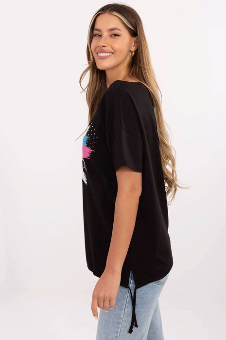 Embellished Cotton T-Shirt with Side Tie – Print, Embroidery & Beads, Casual Fit - MimiStylez
