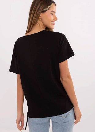 Embellished Cotton T-Shirt with Side Tie – Print, Embroidery & Beads, Casual Fit - MimiStylez