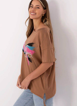 Embellished Cotton T-Shirt with Side Tie – Print, Embroidery & Beads, Casual Fit - MimiStylez