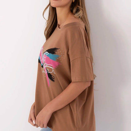 Embellished Cotton T-Shirt with Side Tie – Print, Embroidery & Beads, Casual Fit - MimiStylez