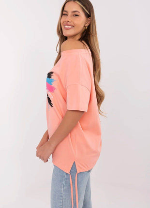 Embellished Cotton T-Shirt with Side Tie – Print, Embroidery & Beads, Casual Fit - MimiStylez
