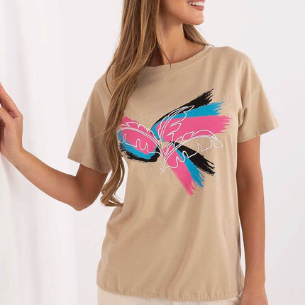 Embellished Cotton T-Shirt with Side Tie – Print, Embroidery & Beads, Casual Fit - MimiStylez
