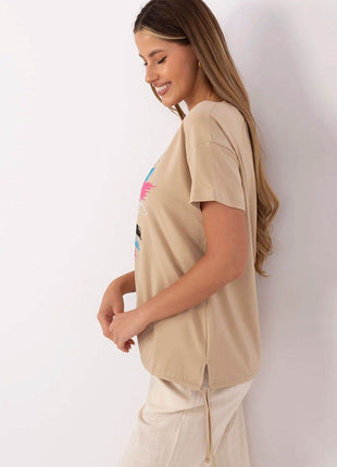 Embellished Cotton T-Shirt with Side Tie – Print, Embroidery & Beads, Casual Fit - MimiStylez