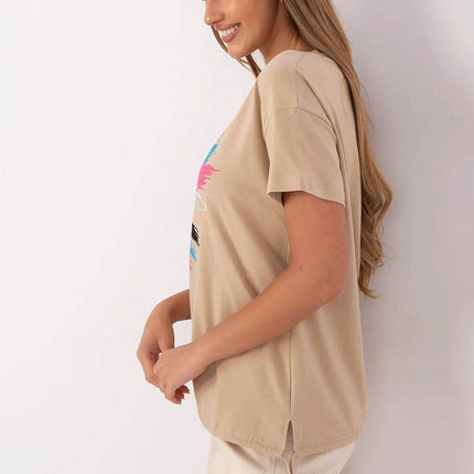 Embellished Cotton T-Shirt with Side Tie – Print, Embroidery & Beads, Casual Fit - MimiStylez