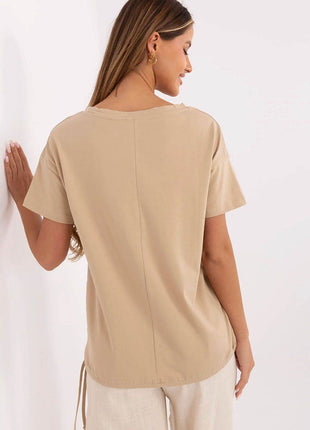 Embellished Cotton T-Shirt with Side Tie – Print, Embroidery & Beads, Casual Fit - MimiStylez
