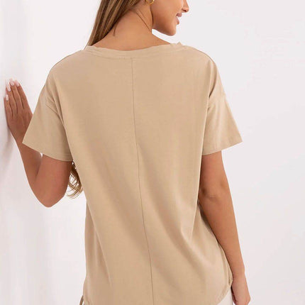 Embellished Cotton T-Shirt with Side Tie – Print, Embroidery & Beads, Casual Fit - MimiStylez