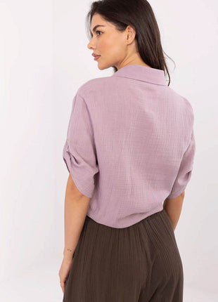 Casual Cotton Tie-Front Shirt – 3/4 Sleeve, Button-Up with Printed Chest Pocket - MimiStylez