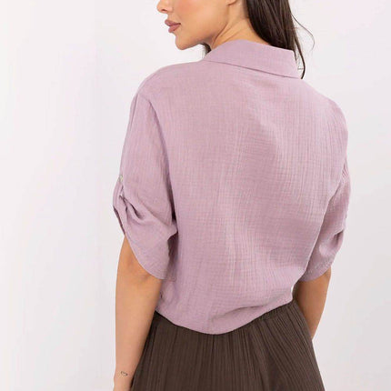 Casual Cotton Tie-Front Shirt – 3/4 Sleeve, Button-Up with Printed Chest Pocket - MimiStylez