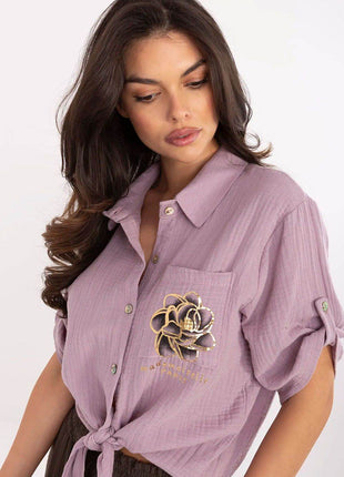 Casual Cotton Tie-Front Shirt – 3/4 Sleeve, Button-Up with Printed Chest Pocket - MimiStylez