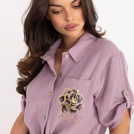 Casual Cotton Tie-Front Shirt – 3/4 Sleeve, Button-Up with Printed Chest Pocket - MimiStylez