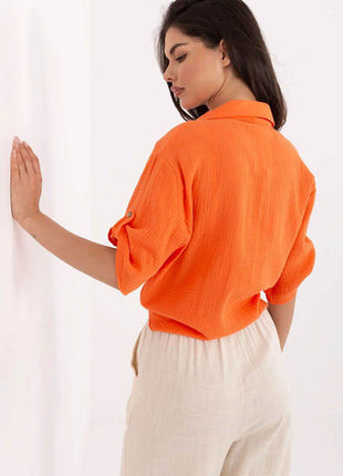 Casual Cotton Tie-Front Shirt – 3/4 Sleeve, Button-Up with Printed Chest Pocket - MimiStylez