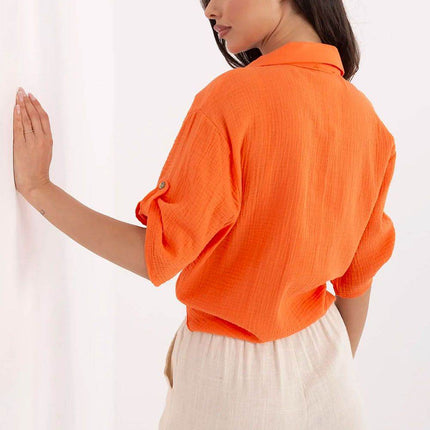 Casual Cotton Tie-Front Shirt – 3/4 Sleeve, Button-Up with Printed Chest Pocket - MimiStylez