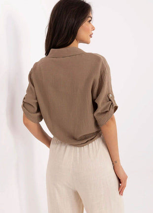 Casual Cotton Tie-Front Shirt – 3/4 Sleeve, Button-Up with Printed Chest Pocket - MimiStylez