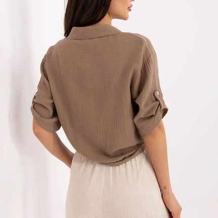 Casual Cotton Tie-Front Shirt – 3/4 Sleeve, Button-Up with Printed Chest Pocket - MimiStylez