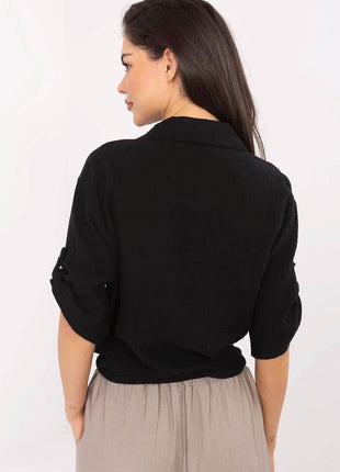 Casual Cotton Tie-Front Shirt – 3/4 Sleeve, Button-Up with Printed Chest Pocket - MimiStylez