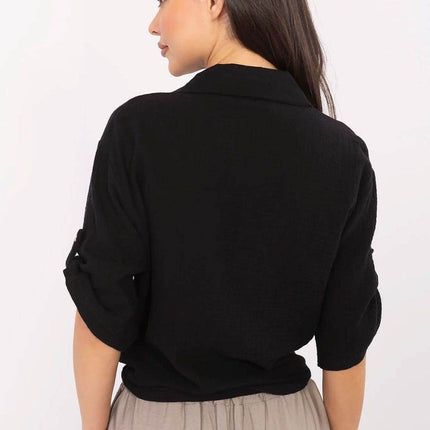 Casual Cotton Tie-Front Shirt – 3/4 Sleeve, Button-Up with Printed Chest Pocket - MimiStylez