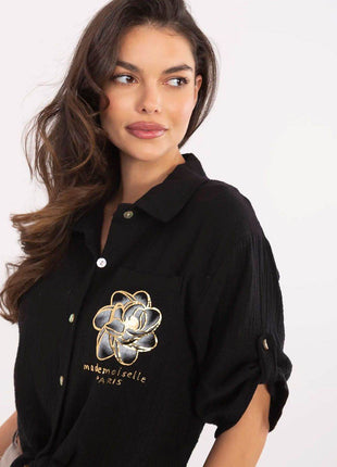 Casual Cotton Tie-Front Shirt – 3/4 Sleeve, Button-Up with Printed Chest Pocket - MimiStylez