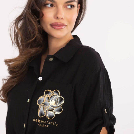 Casual Cotton Tie-Front Shirt – 3/4 Sleeve, Button-Up with Printed Chest Pocket - MimiStylez