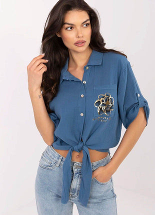 Casual Cotton Tie-Front Shirt – 3/4 Sleeve, Button-Up with Printed Chest Pocket - MimiStylez