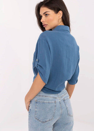 Casual Cotton Tie-Front Shirt – 3/4 Sleeve, Button-Up with Printed Chest Pocket - MimiStylez