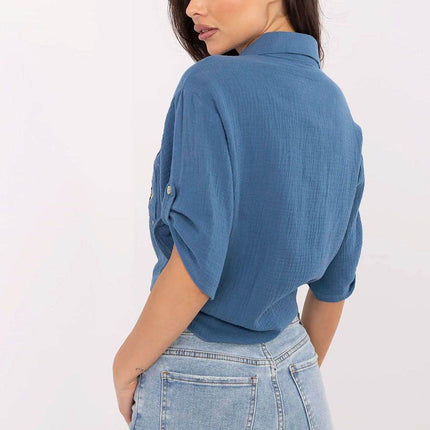 Casual Cotton Tie-Front Shirt – 3/4 Sleeve, Button-Up with Printed Chest Pocket - MimiStylez