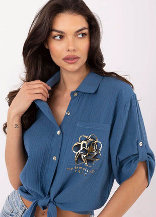 Casual Cotton Tie-Front Shirt – 3/4 Sleeve, Button-Up with Printed Chest Pocket - MimiStylez