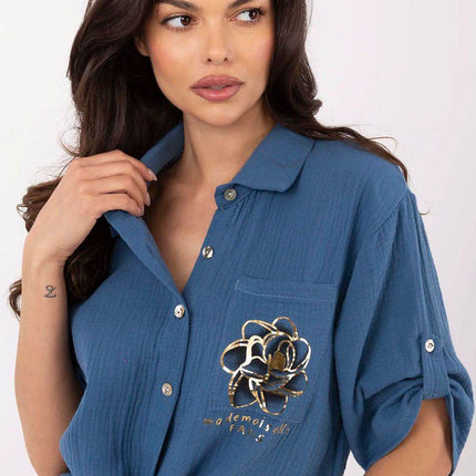 Casual Cotton Tie-Front Shirt – 3/4 Sleeve, Button-Up with Printed Chest Pocket - MimiStylez