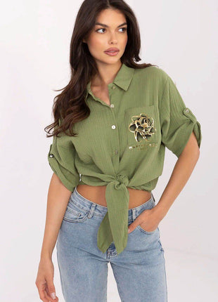 Casual Cotton Tie-Front Shirt – 3/4 Sleeve, Button-Up with Printed Chest Pocket - MimiStylez