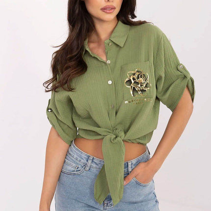 Casual Cotton Tie-Front Shirt – 3/4 Sleeve, Button-Up with Printed Chest Pocket - MimiStylez