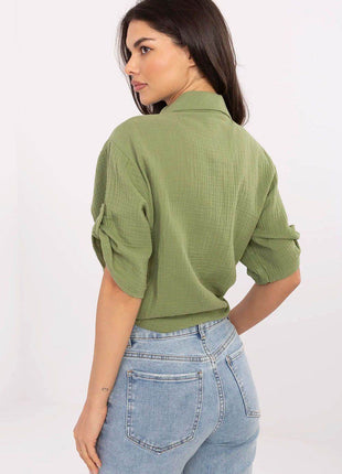 Casual Cotton Tie-Front Shirt – 3/4 Sleeve, Button-Up with Printed Chest Pocket - MimiStylez