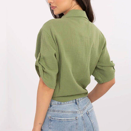 Casual Cotton Tie-Front Shirt – 3/4 Sleeve, Button-Up with Printed Chest Pocket - MimiStylez