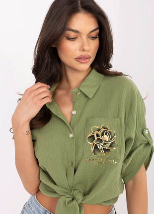 Casual Cotton Tie-Front Shirt – 3/4 Sleeve, Button-Up with Printed Chest Pocket - MimiStylez