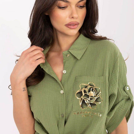 Casual Cotton Tie-Front Shirt – 3/4 Sleeve, Button-Up with Printed Chest Pocket - MimiStylez