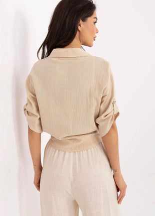 Casual Cotton Tie-Front Shirt – 3/4 Sleeve, Button-Up with Printed Chest Pocket - MimiStylez