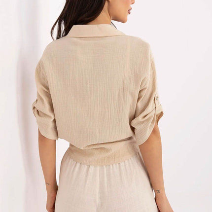 Casual Cotton Tie-Front Shirt – 3/4 Sleeve, Button-Up with Printed Chest Pocket - MimiStylez