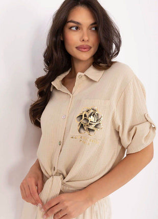 Casual Cotton Tie-Front Shirt – 3/4 Sleeve, Button-Up with Printed Chest Pocket - MimiStylez