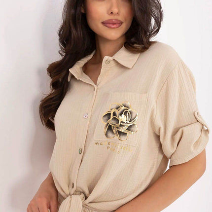 Casual Cotton Tie-Front Shirt – 3/4 Sleeve, Button-Up with Printed Chest Pocket - MimiStylez