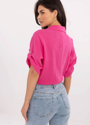 Casual Cotton Tie-Front Shirt – 3/4 Sleeve, Button-Up with Printed Chest Pocket - MimiStylez