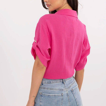 Casual Cotton Tie-Front Shirt – 3/4 Sleeve, Button-Up with Printed Chest Pocket - MimiStylez