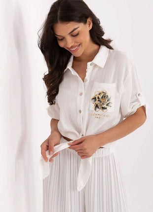 Casual Cotton Tie-Front Shirt – 3/4 Sleeve, Button-Up with Printed Chest Pocket - MimiStylez
