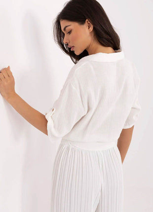 Casual Cotton Tie-Front Shirt – 3/4 Sleeve, Button-Up with Printed Chest Pocket - MimiStylez