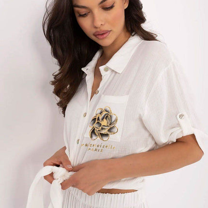 Casual Cotton Tie-Front Shirt – 3/4 Sleeve, Button-Up with Printed Chest Pocket - MimiStylez