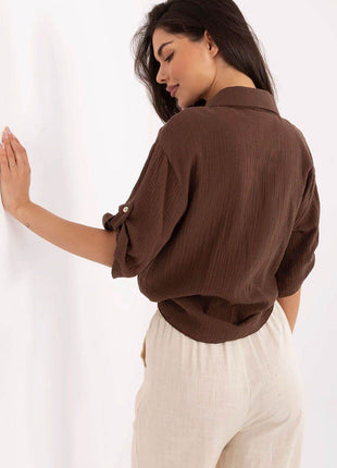 Casual Cotton Tie-Front Shirt – 3/4 Sleeve, Button-Up with Printed Chest Pocket - MimiStylez